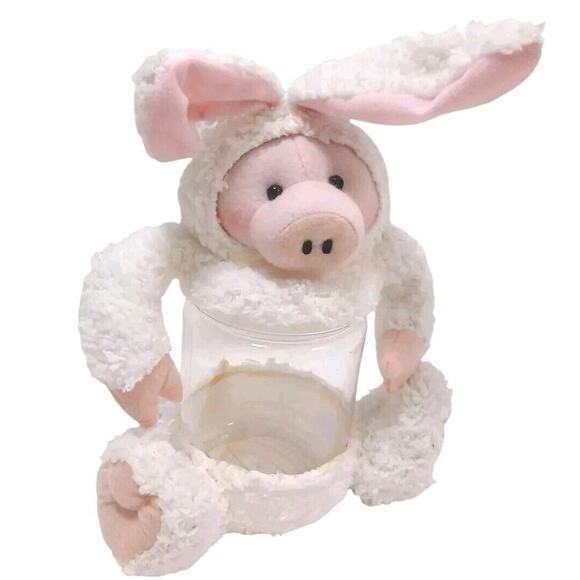 Easter PIG Bunny Jar Topper White Rabbit Candy Cotton Balls Container Used CUTE! - Picture 1 of 9